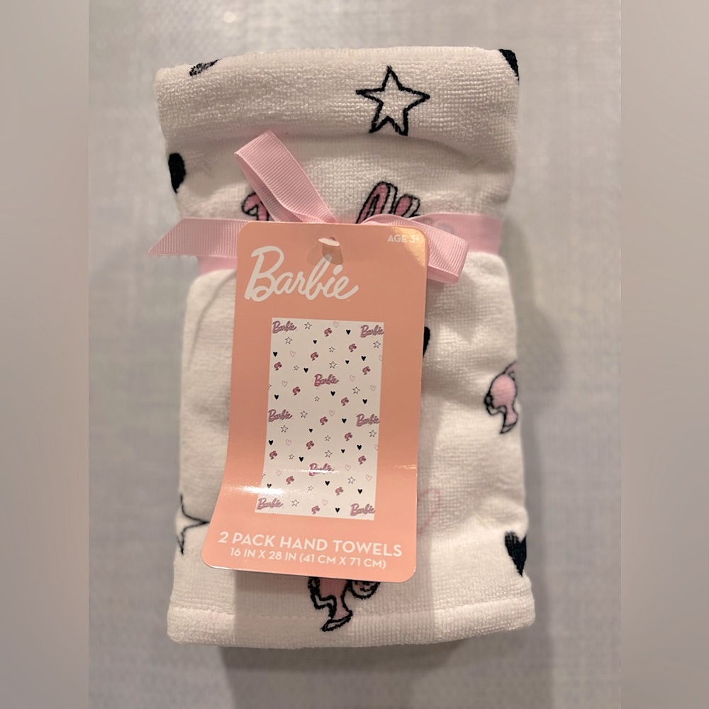 Barbie Bath Hand Towels - Pink, White and Black Set of Two BNWT